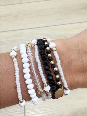 Fashion Boho Black White & Gold Beaded Stretch Bracelet Set Stack Charm